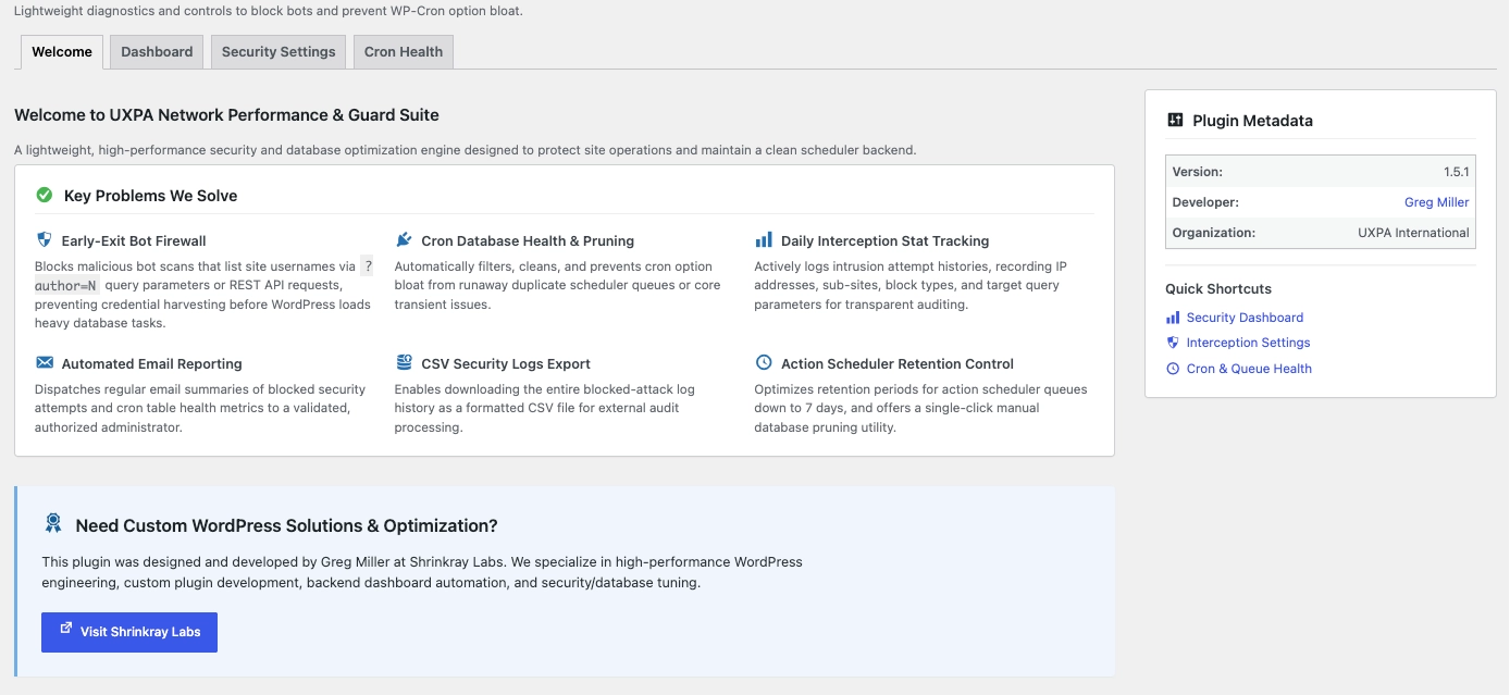 A screenshot of the UXPA Network Performance & Guard Suite welcome dashboard in WordPress admin, displaying key plugin feature cards for early-exit bot protection and cron optimization